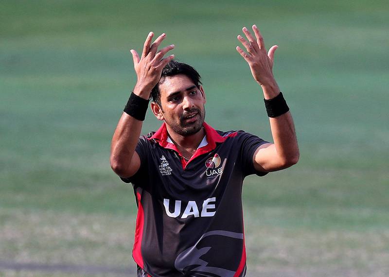 Dubai, United Arab Emirates - October 30, 2019: The UAE's Zahoor Khan looks dejected during the game between the UAE and Scotland in the World Cup Qualifier in the Dubai International Cricket Stadium. Wednesday the 30th of October 2019. Sports City, Dubai. Chris Whiteoak / The National