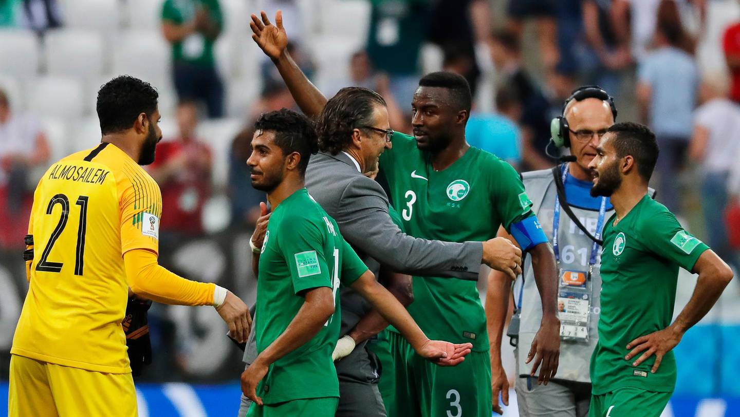 epa06839461 Saudi Arabia's head coach Juan Antonio Pizzi (C-L) celebrates with his players after the FIFA World Cup 2018 group A preliminary round soccer match between Saudi Arabia and Egypt in Volgograd, Russia, 25 June 2018. Saudi Arabia won 2-1.

(RESTRICTIONS APPLY: Editorial Use Only, not used in association with any commercial entity - Images must not be used in any form of alert service or push service of any kind including via mobile alert services, downloads to mobile devices or MMS messaging - Images must appear as still images and must not emulate match action video footage - No alteration is made to, and no text or image is superimposed over, any published image which: (a) intentionally obscures or removes a sponsor identification image; or (b) adds or overlays the commercial identification of any third party which is not officially associated with the FIFA World Cup)  EPA/SERGEI ILNITSKY   EDITORIAL USE ONLY