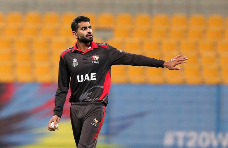 ABU DHABI , UNITED ARAB EMIRATES , October 19  – 2019 :- Ahmed Raza of UAE during the World Cup T20 Qualifiers between UAE v Ireland held at Zayed Cricket Stadium in Abu Dhabi.  ( Pawan Singh / The National )  For Sports. Story by Amith
