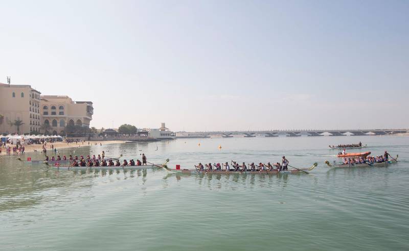 Abu Dhabi, United Arab Emirates - Teams participating at the Dragon Boat Festival Abu Dhabi.  Leslie Pableo for The National