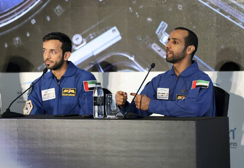 Dubai, United Arab Emirates - Reporter: Sarwat Nasir: The UAE's first Emirati astronaut Hazza Al Mansoori and back-up astronaut Sultan Al Nayadi (L). Press conference by MBRSC to announce details of search for next UAE astronaut. Tuesday, 3rd of March, 2020. Downtown, Dubai. Chris Whiteoak / The National