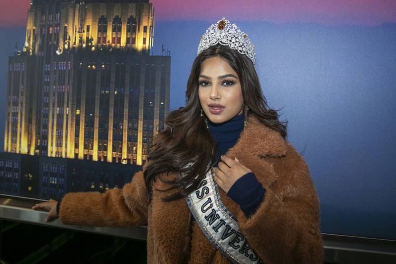 Miss Universe 2021 Harnaaz Sandhu of India wearing her crown inside the observation deck of the Empire State Building. AP
