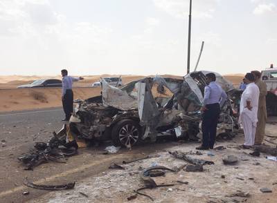 A family of four died when their speeding car crashed head-on into a 4x4 on Friday afternoon. Courtesy Sharjah Police