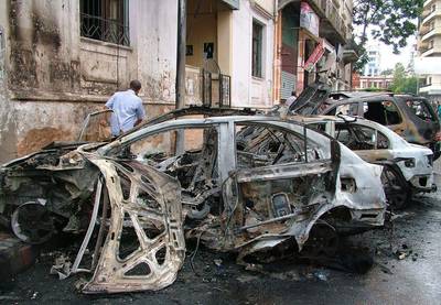 The scene of a rebel rocket attack in Latakia, the provincial capital of president Bashar Al Assad's coastal heartland, which killed two people and wounded 14 others on August 13, 2015. Sana/Handout/AFP Photo

