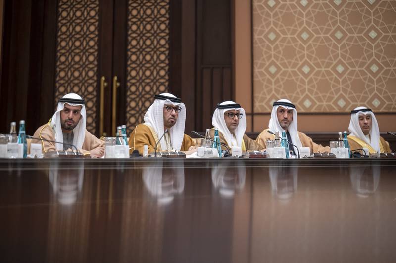Sheikh Mohamed bin Hamad, Dr Al Jaber, Mr Al Zaabi, Mohamed Al Mazrouei and Mohamed Alabbar, founder and board member of Emaar Properties and chairman of Eagle Hills, at the Presidential Complex. Mohamed Al Hammadi / Ministry of Presidential Affairs