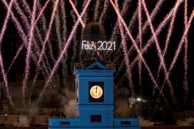 Fireworks were shot over Puerta del Sol Square on New Year's Eve in Madrid, Spain. Getty Images