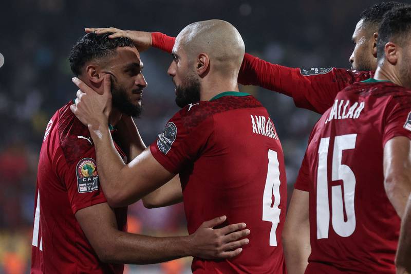 Morocco's forward Sofiane Boufal, left, celebrates scoring his team's first goal against Gabon. AFP