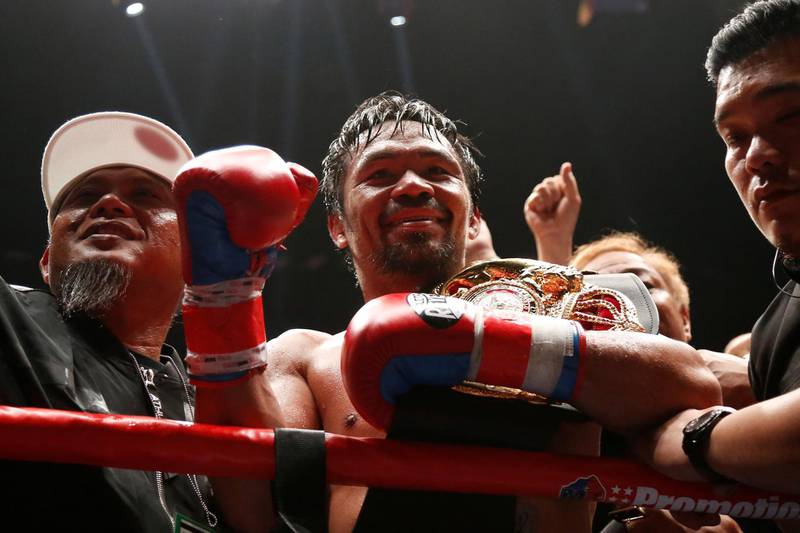 Boxing - WBA Welterweight Title Fight - Manny Pacquiao v Lucas Matthysse - Axiata Arena, Kuala Lumpur, Malaysia - July 15, 2018   Manny Pacquiao celebrates after winning the bout against Lucas Matthysse  REUTERS/Lai Seng Sin
