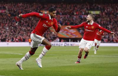 Manchester United's Marcus Rashford celebrates scoring their second goal. Reuters