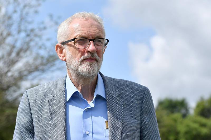 WHALEY BRIDGE, ENGLAND - AUGUST 05: Labour leader Jeremy Corbyn visits the Whaley Bridge Dam site, as work continues to shore up the damaged dam on August 5, 2019 in Whaley Bridge, England. Approximately 1,500 residents of the town's 6,500 population were forced to leave their homes after yesterday's partial collapse of the dam at Toddbrook Reservoir, in Derbyshire. Engineers have been pumping water from the reservoir overnight to reduce the water level. (Photo by Anthony Devlin/Getty Images)