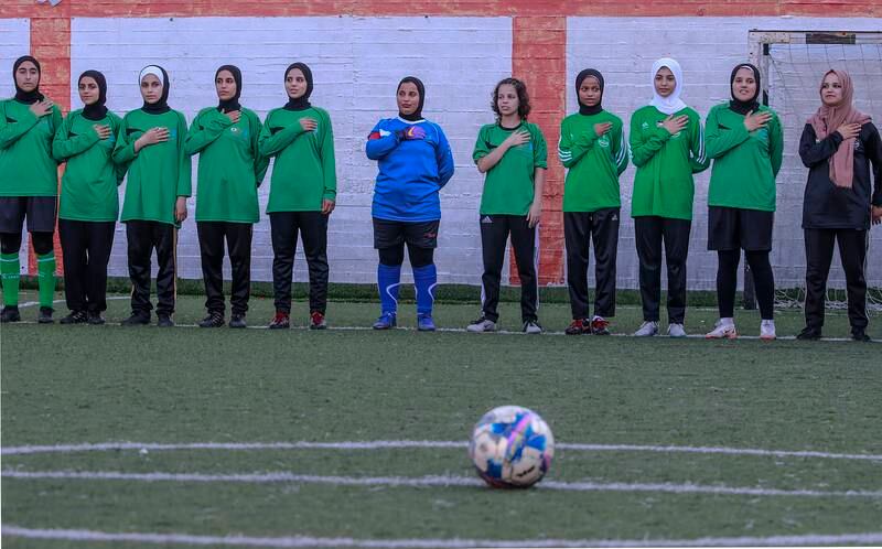 Palestinian soccer players take part in soccer game in Gaza City on, 05 July 2022.  For the first time in the Gaza Strip, a soccer game for girls has been organized under the Algerian-Palestinian Friendship Association in Gaza.   EPA / MOHAMMED SABER