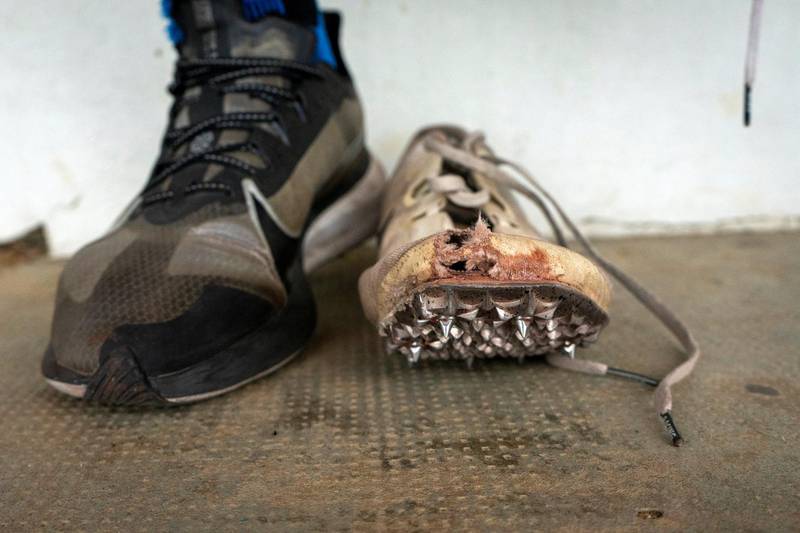 Due to the financial collapse in Lebanon, and a lack of sponsors, Nour struggles to afford new running gear. Spikes should be replaced every few months, his are over two years old. (Matt Kynaston)