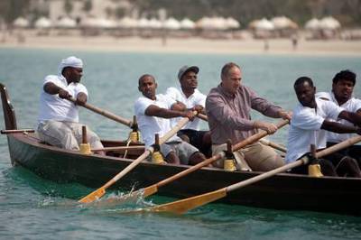 March 6, 2011 (Dubai) Sir Steve Redgrave (center) tries his hand at rowing a traditional Dhow. Redgrave is an English rower who won gold medals at five consecutive Olympic Games from 1984 to 2000 is in Dubai to help promote the upcoming Olympic game in London 2012.(Sammy Dallal / The National)