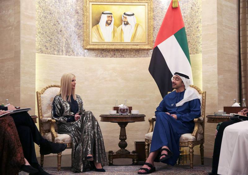 Sheikh Abdullah bin Zayed, Minister of Foreign Affairs and International Cooperation meets with Ivanka Trump, the daughter and senior adviser to US President Donald Trump at Al Shatti Palace in Abu Dhabi. Reuters
