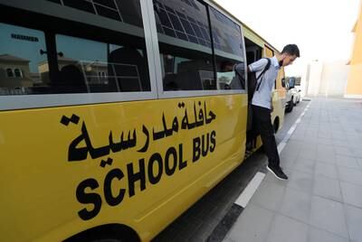 Dubai British School pupils arrive for the first day of school after the summer holidays. Chris Whiteoak / The National