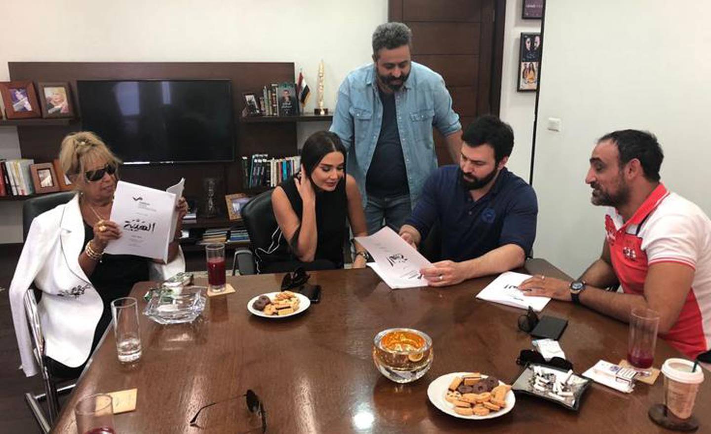 Al Hayba stars during a pre-production reading session. From left to right, Mona Wassef, Cyrine Abdelnour, Samer Al Barkawi, Taim Hassan, and Abdo Chahine