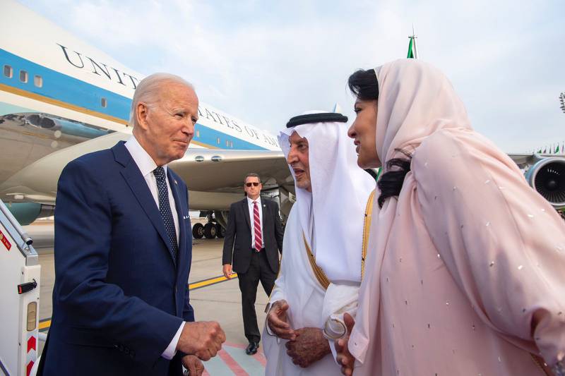 US President Joe Biden arrives at King Abdulaziz International Airport in Jeddah. Photo: @spagov