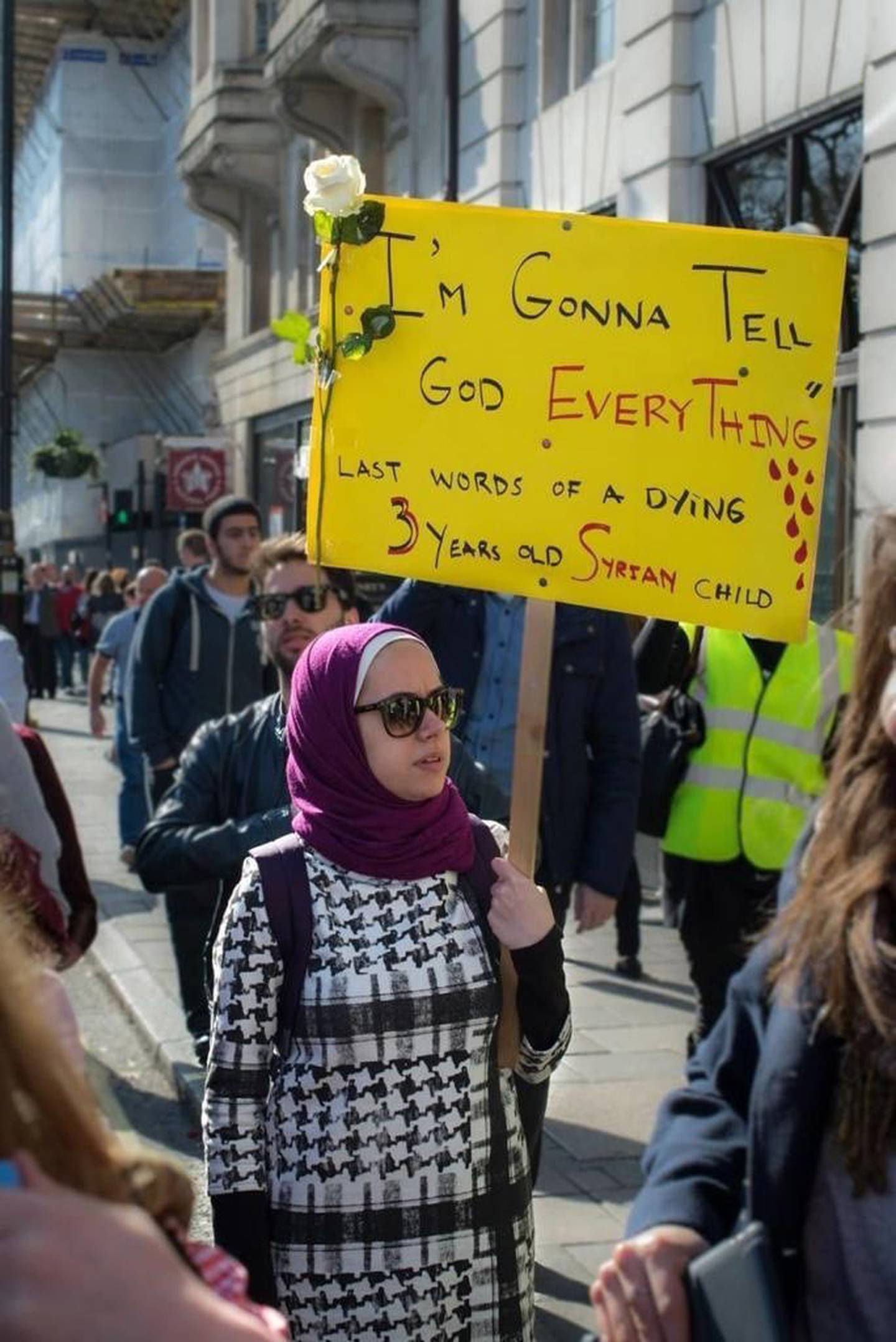 Rouba Mhaissen at a demonstration in London. 'I never knew this would be my career,' she says, 'I thought I was going to be an academic.'  Photo: Rouba Mhaissen