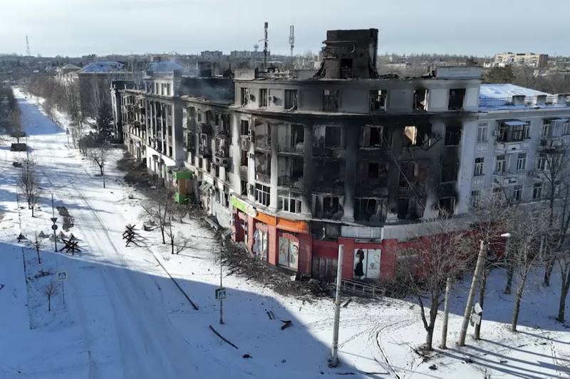 A still from drone footage of damaged buildings in Bakhmut. AP