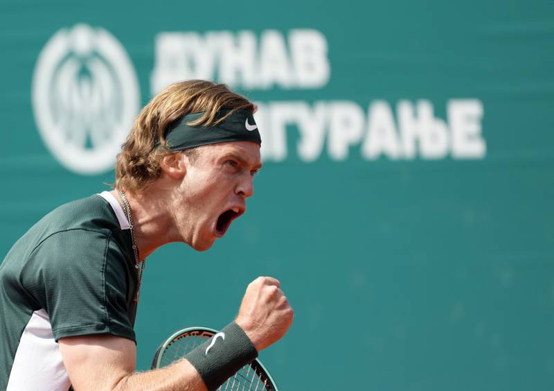 Andrey Rublev of Russia reacts during a tennis quarter-final match at the Serbia Open. AP Photo