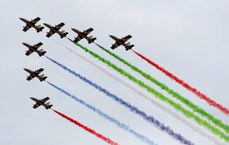 The Al Fursan aerobatics team of the Air Force puts on a show. Police aircraft were also on display.