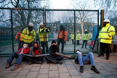 Environmental protesters lock themselves together at a Stop HS2 camp at Euston Square Gardens, London, in February 2021. Getty Images