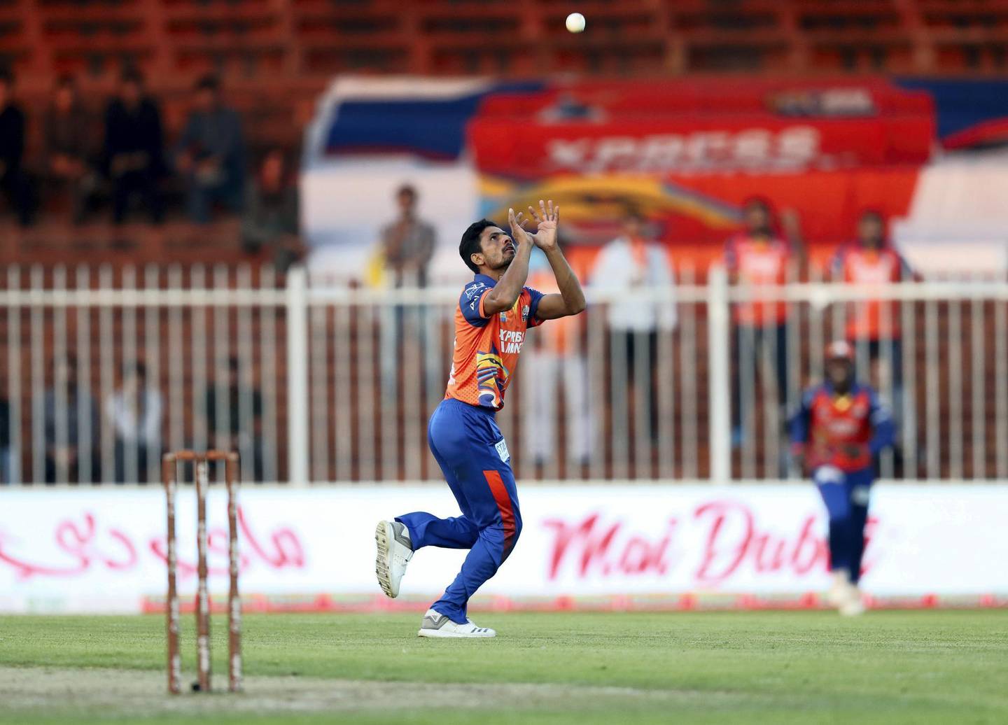 Sharjah, United Arab Emirates - November 22, 2018: Aamer Yamin of Bengal catches out Warriors Hardus Viljoen to take 4 wickets in a row during the game between Bengal Tigers and Northern Warriors in the T10 league. Thursday the 22nd of November 2018 at Sharjah cricket stadium, Sharjah. Chris Whiteoak / The National