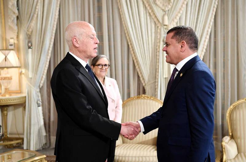 Libyan Prime Minister Abdul Hamid Dbeibah and Tunisian President Kais Saied meet in Tunis. Tunisian Presidential office