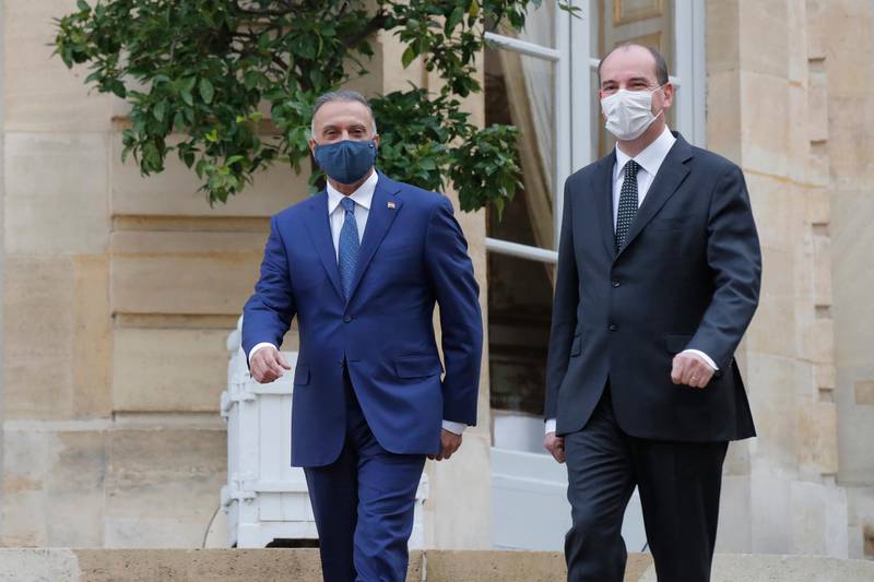 French Prime Minister Jean Castex welcomes Iraqi Prime Minister Mustafa al-Kadhimi in Paris, France.  EPA