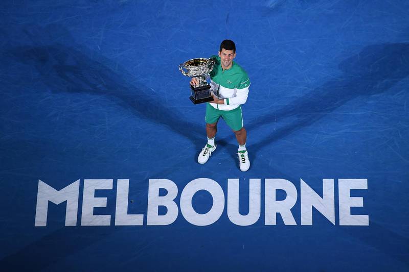 Novak Djokovic celebrates victory at Melbourne Park. Getty