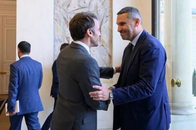 Khaldoon Al Mubarak, member of Abu Dhabi Executive Council, chairman of the Executive Affairs Authority and managing director and group chief executive of Mubadala Investment Company, is received by Mr Macron
