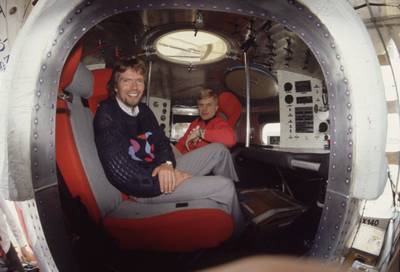Sir Richard Branson in the cabin of the 'Virgin Atlantic Flyer' balloon at Gatwick Airport in 1987.
