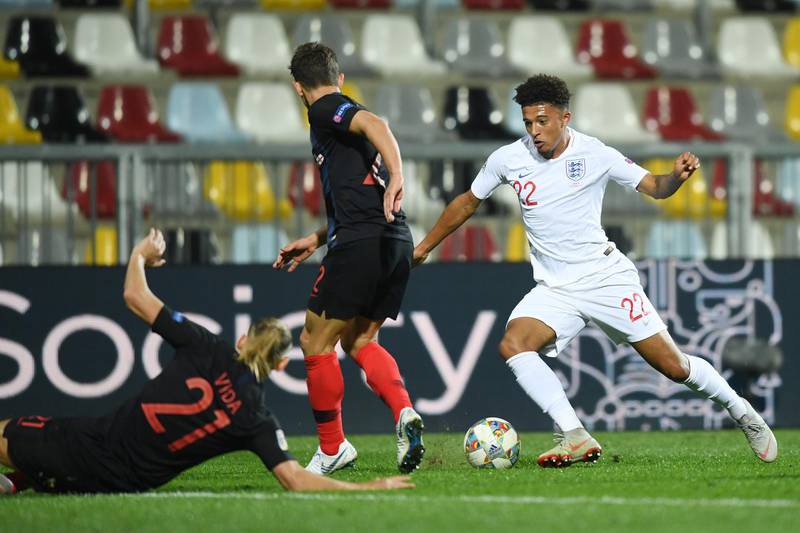 RIJEKA, CROATIA - OCTOBER 12:  Jadon Sancho of England in action during the UEFA Nations League A group four match between Croatia and England at  on October 12, 2018 in Rijeka, Croatia.  (Photo by Michael Regan/Getty Images)