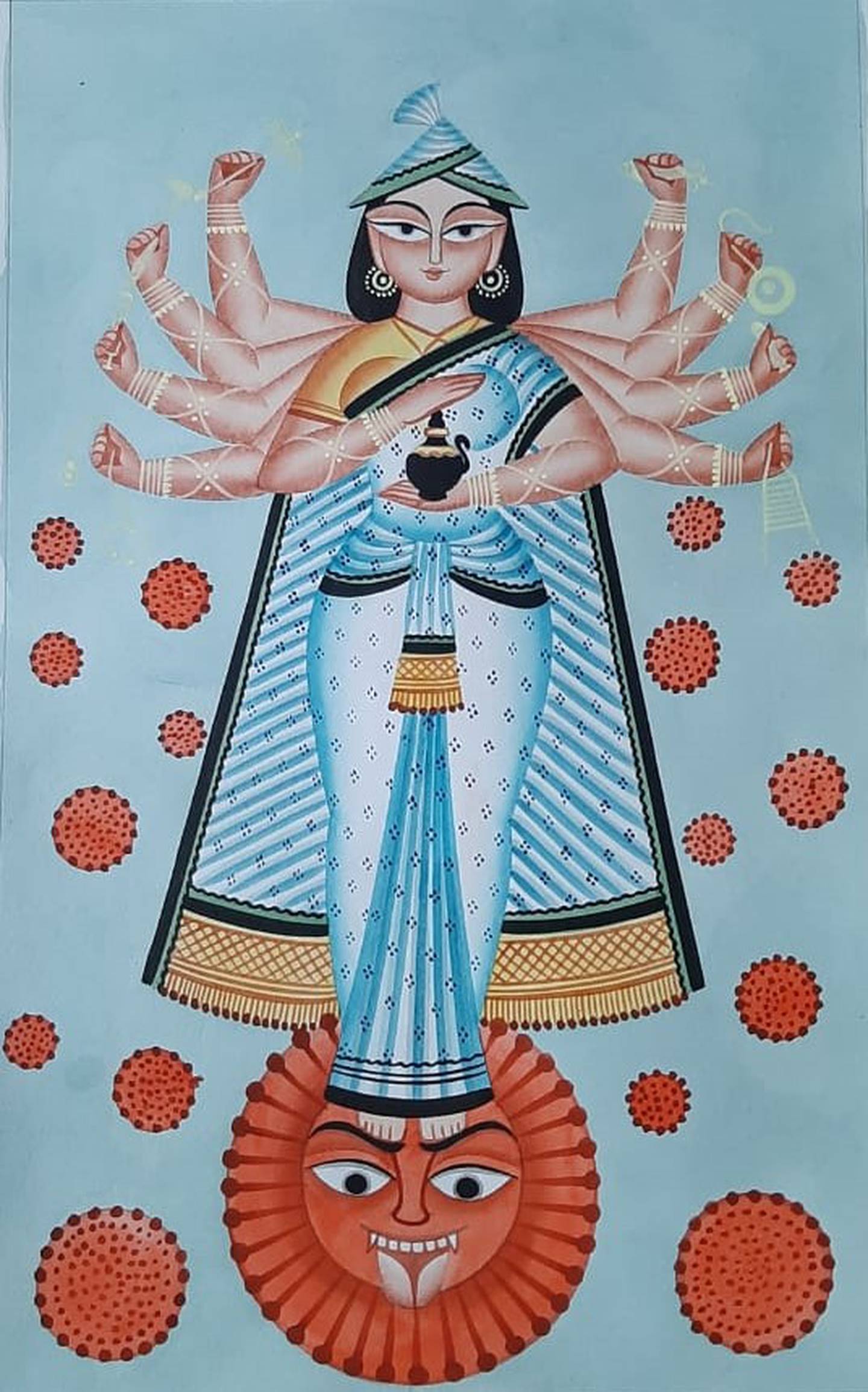 This work depicts a new god or goddess emerging to save the world when it is in deep trouble. It is a belief held by every devout Hindu. Using the image of Durga, Anwar depicts the new goddess as she arrives to conquer the pandemic evil. Photo: Anwar Chitrakar