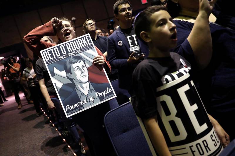 Supporters of US Rep Beto O'Rourke (D-TX), candidate for U.S. Senate attend a campaign rally on the last day before the U.S. 2018 midterm elections at the University of Texas in El Paso. Reuters