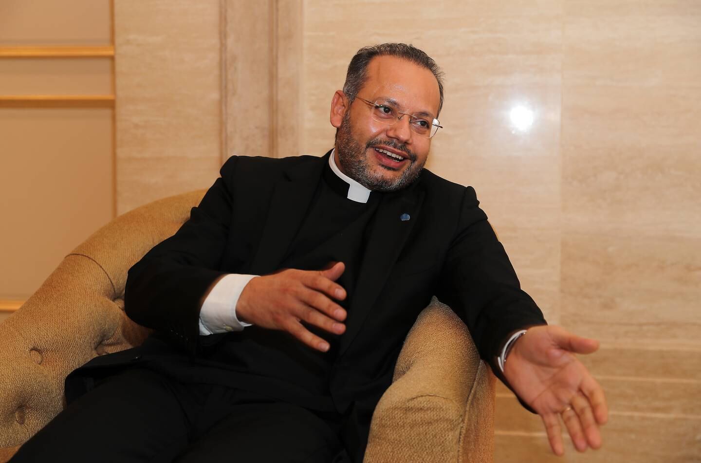 Monsignor Yoannis Lahzi Gaid, former personal secretary to Pope Francis and a member of the Higher Committee for Human Fraternity, in Abu Dhabi. Pawan Singh / The National 