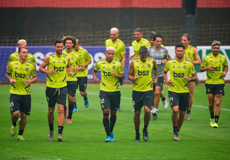 Brazil's Flamengo team members during a training session in Rio de Janiero ahead of their Fifa Club World Cup semi-final.  AFP