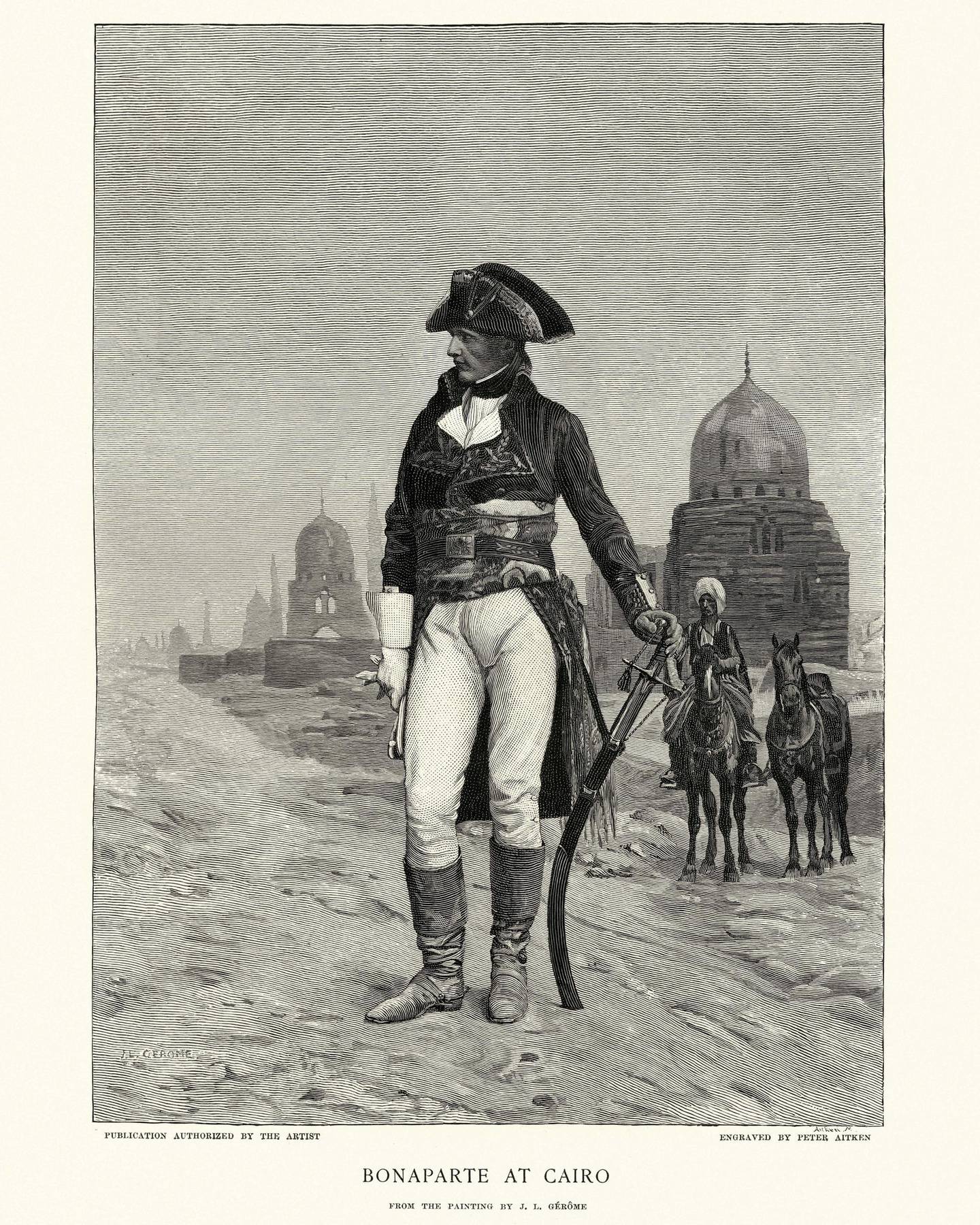 Vintage engraving of Napoleon Bonaparte in Cairo, Egypt. The French Campaign in Egypt and Syria (1798–1801) was Napoleon Bonaparte's campaign in the Ottoman territories of Egypt and Syria, proclaimed to defend French trade interests. Getty Images
