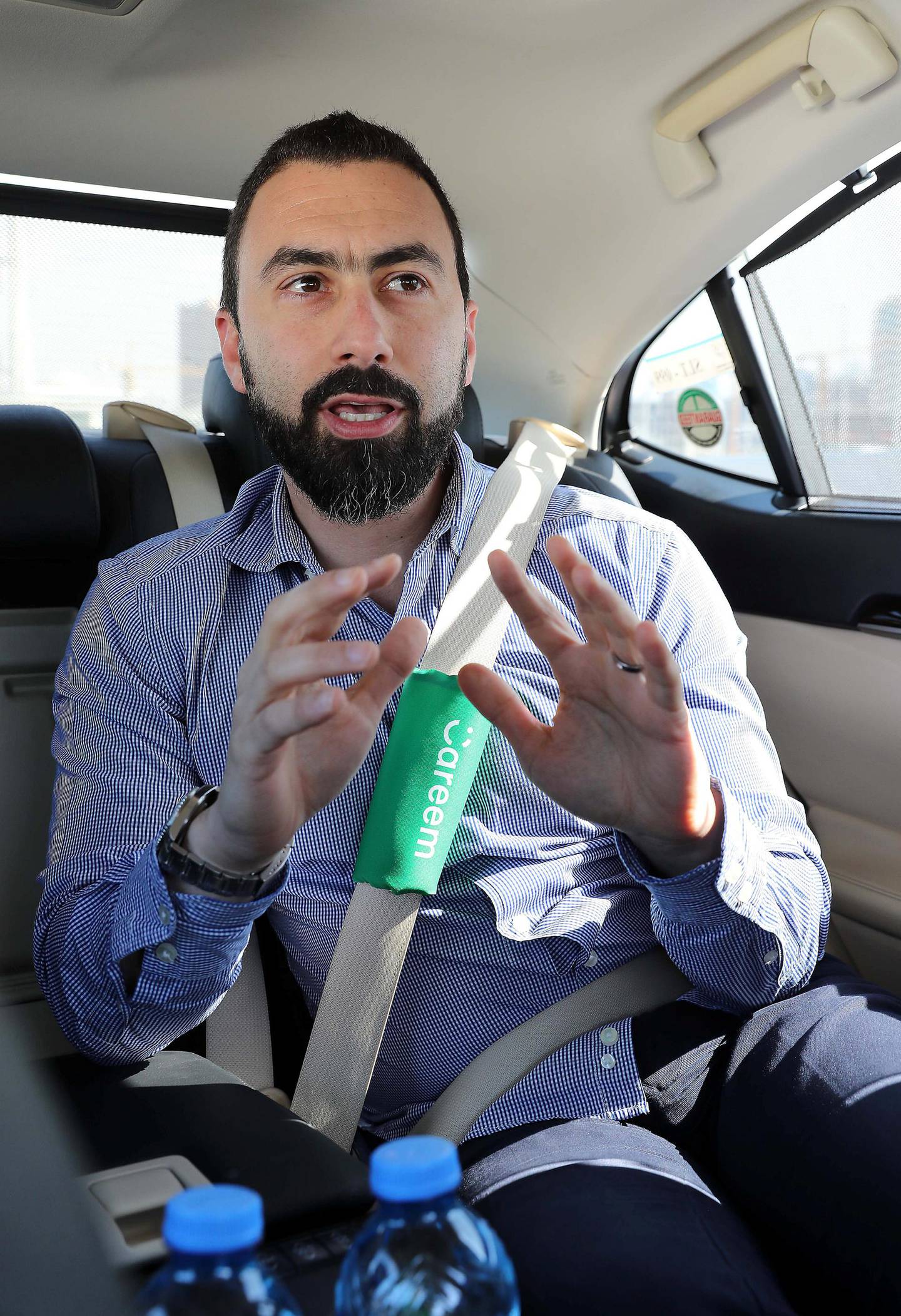 DUBAI , UNITED ARAB EMIRATES , DEC 19  – 2017 :- Bassel Al Nahlaoui , Managing Director of Careem , Gulf during the interview in the Careem taxi at Dubai Media City in Dubai.  (Pawan Singh / The National) Story by Caline