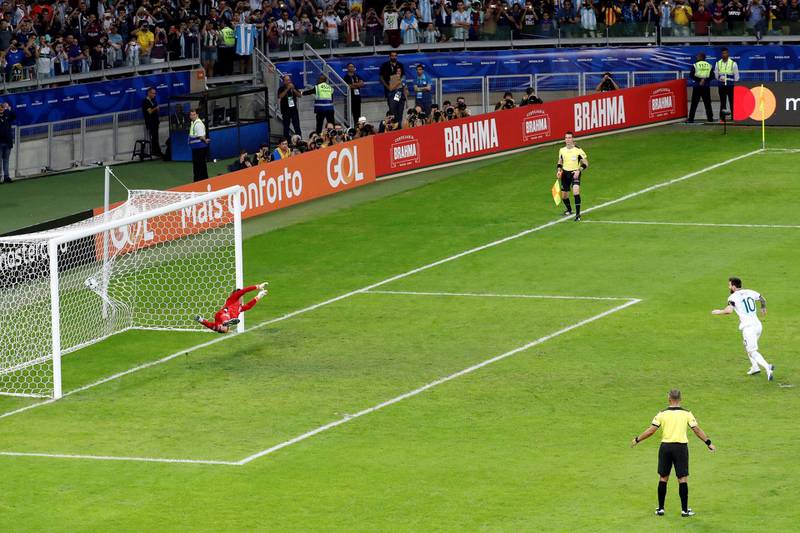 Argentina's Lionel Messi scores from the penalty spot. EPA