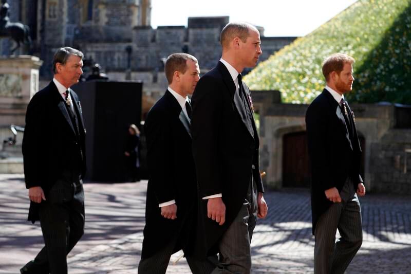 The princes at the ceremonial procession during the funeral of Prince Philip at Windsor Castle in April 2021. Getty Images