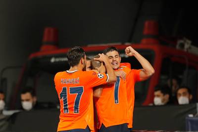 Basaksehir's Edin Visca celebrates with his teammates after scoring his side's second goal. AP
