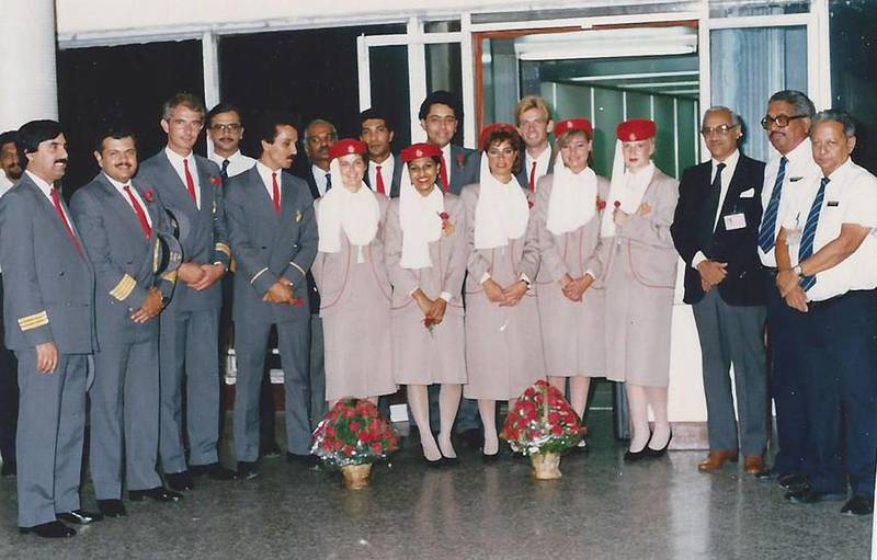 The crew of the EK 500 flight on October 25, 1985  are greeted on arrival by Bombay airport authorities and Bharat Petroleum officials.