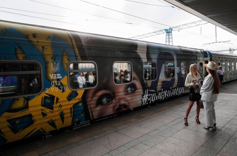 'The Train to Victory', sitting at Kyiv railway station, consists of seven carriages painted by Ukrainian artists, each dedicated to the occupied territories of Ukraine. The train was to arrive in the western city of Uzhgorod on Independence Day. EPA