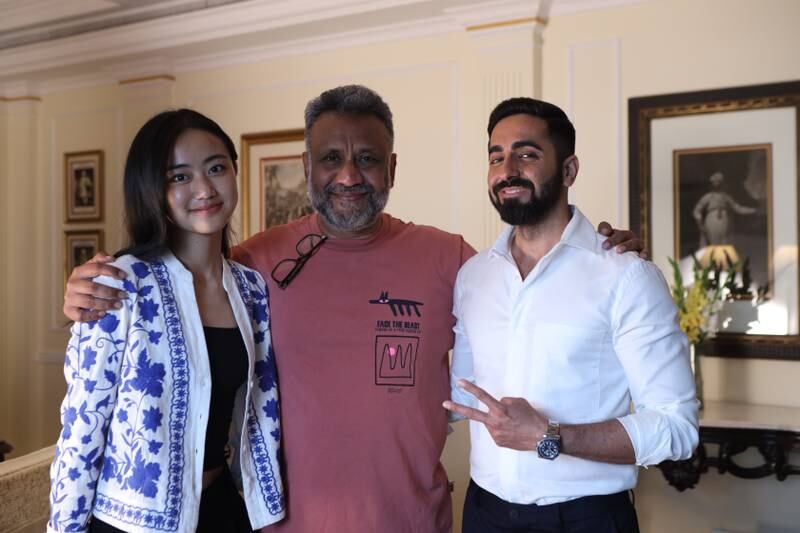 Director Anubhav Sinha, centre, with his 'Anek' stars  Andrea Kevichusa and Ayushmann Khurrana.