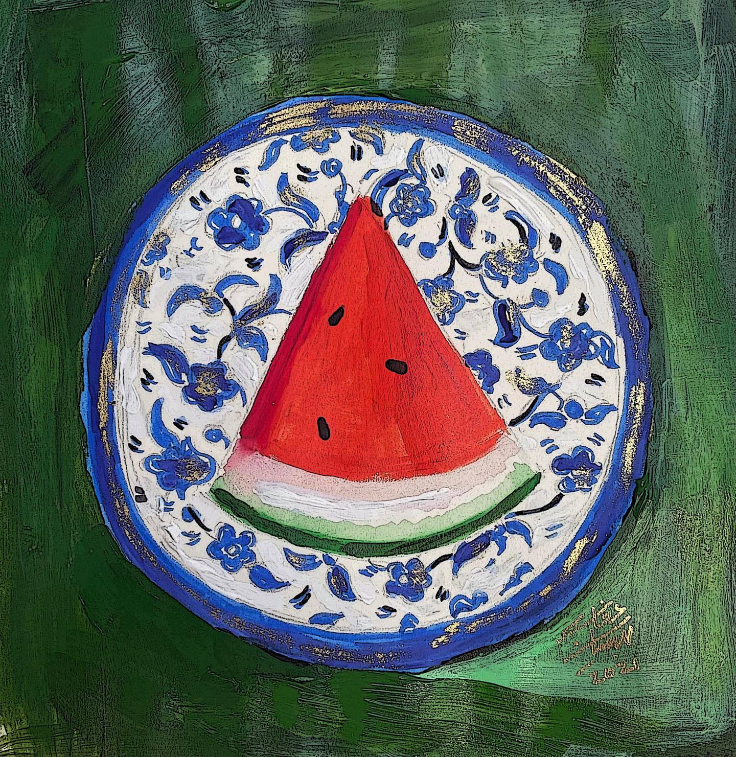 Beesan Arafat  (@beesanarafat on Instagram), Palestinian-Jordanian artist in England, depicts a slice of watermelon on a Hebron plate. Courtesy the artist