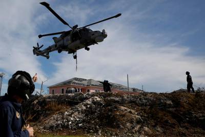 A Royal Navy helicopter takes off outside Marsh Harbour Healthcare Center after Hurricane Dorian hit the Abaco Islands in Marsh Harbour, Bahamas, September 5, 2019. REUTERS/Marco Bello