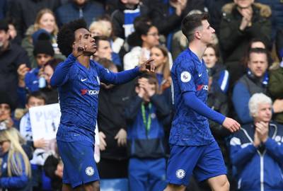 Willian celebrates scoring the third goal in Chelsea's 4-0 Premier League win over Everton. EPA