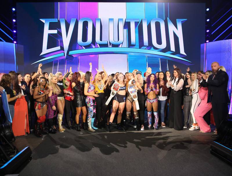 The WWE's women division celebrate following the completion of WWE Evolution. Image courtesy of WWE