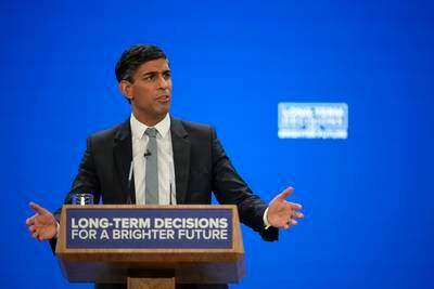 Mr Sunak during his address to the Conservative Party Conference. Getty Images